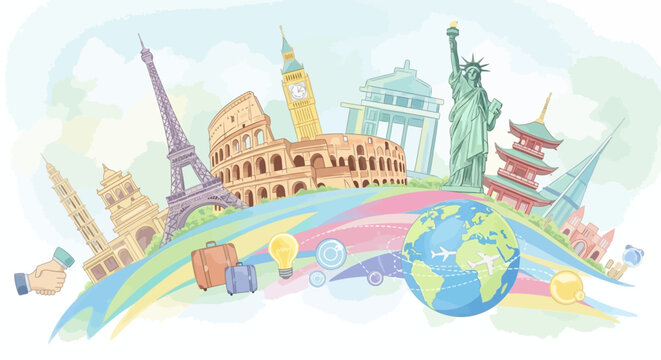 Colorful illustration of famous landmarks and travel symbols around the world.