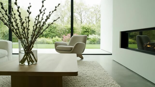 Living room interior decorated for spring with pussy willow branches in vase on coffee table. Modern minimalist home design overlooking garden through large window. Natural light and fresh seasonal