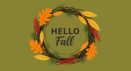 Obraz premium Vibrant autumnal greeting card design featuring a decorative wreath of colorful fall leaves and natural elements, celebrating the essence of the harvest season