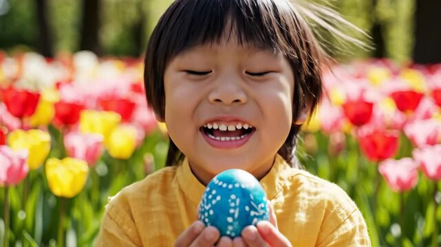 Joyful asian boy holding blue easter egg in tulip field. Child laughing with decorated egg among colorful spring flowers. Delightful nature discovery and holiday fun concept.