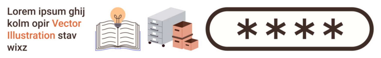 Obraz premium Digital security, data storage, password management, knowledge sharing, technology access, database systems. Stacked server, open book with lightbulb and secured password symbol. Digital security