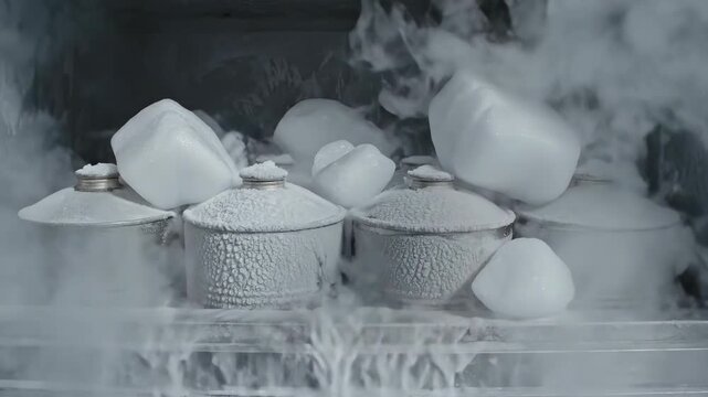 Hands in blue gloves opening metal cooler. Dense white vapor spills out revealing stacked white containers and frozen blocks. Cryogenic storage and scientific cooling process demonstration.