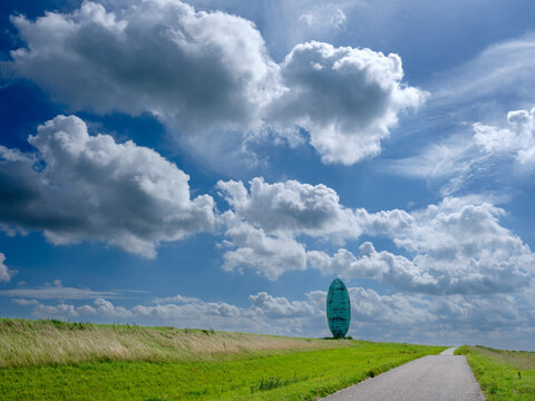 The permanently removed artwork "The Tongue" previously called "The Tongue of Lucifer" on the Knardijk near Lelystad, Flevoland province, The Netherlands. De Tong van Lucifer 
