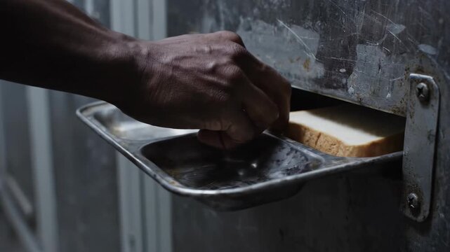 Man delivering bread slice through metal door slot with tray. Prison food service and inmate meal passing process in correctional facility.