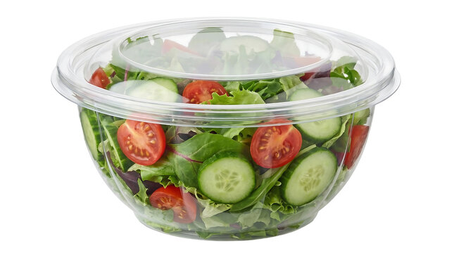 Fresh salad in a clear plastic container viewed from the front with mixed greens, tomatoes, and cucumbers.