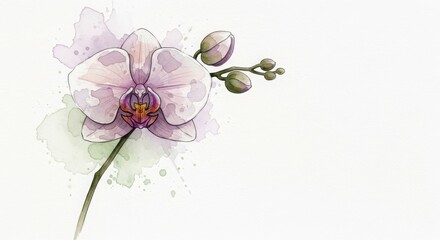 Watercolor Pink Orchid Flower Illustration with Buds isolated on Transparent Background