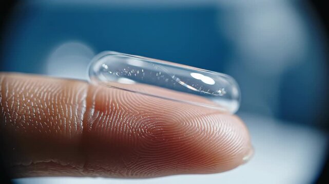 Fingertip balancing clear contact lens. Precise eye care handling for vision correction. Optometry procedure showing careful placement on finger tip.