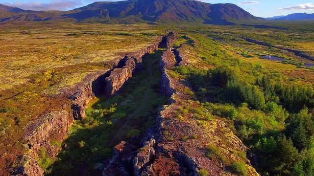 Aerial view of the fissure between the Eurasian and North American tectonic plates at sunset
