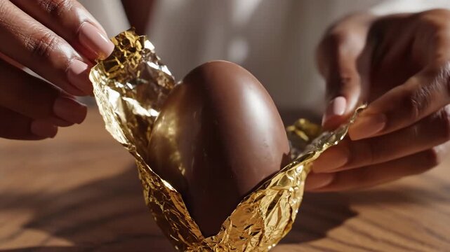 Female hands peeling gold foil from chocolate egg. Woman unwrapping holiday treat to reveal sweet inside. Easter candy preparation and festive concept.