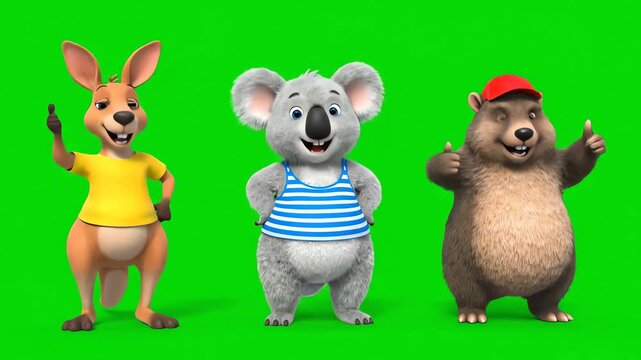 Cute Australian Animals Dancing on Green Screen: Kangaroo, Koala, Wombat