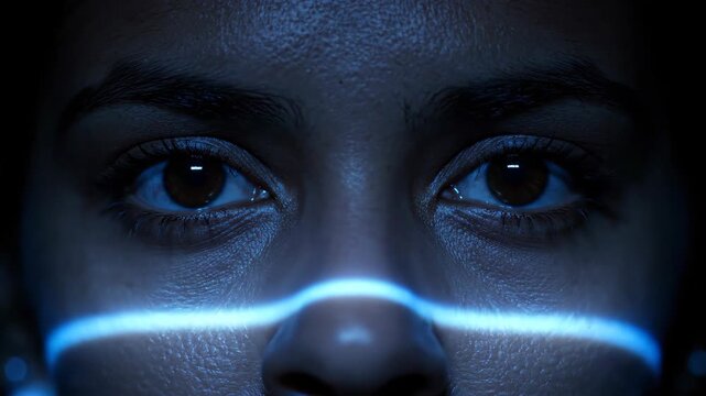 Female engineers eyes scanned by blue light in darkness. Illuminated facial features progressing from top to bottom. Technology and biometric identification concept for engineering applications.