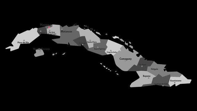 Vector map of Cuba with names of cities and with borders city