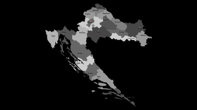 Vector map of Croatia with names of cities and with borders city