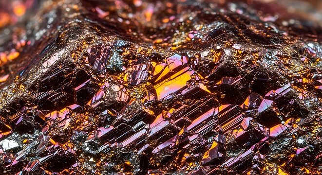Close-up of painite rough stone surface with metallic red-brown iridescence, ultra-rare gem texture detail
