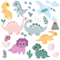 Collection of colorful prehistoric animals including stegosaurus, triceratops, tyrannosaurus and flying pterosaur with plants, eggs and volcano elements. Hand draw cute cartoon dinosaur illustrat © Jennie