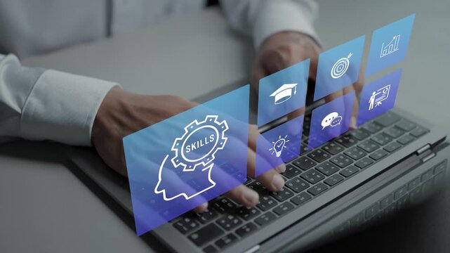 Skills development and training concept. Person typing keyboard with learning and professional development icons, online education, career growth and workforce training.