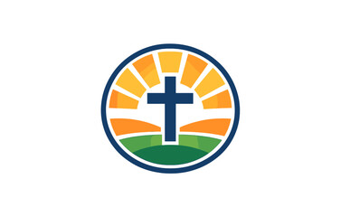 Obraz premium Christian cross emblem with sunburst and horizon in circular design