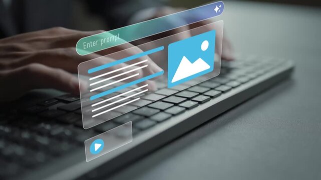 SGE search generative experience concept. Person typing keyboard with AI search and data analysis icons, intelligent search engine, digital information discovery and AI powered results.