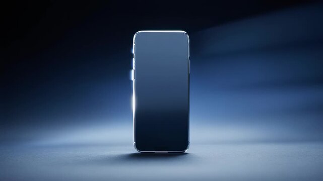 A sleek smartphone stands upright in a moody blue spotlight, its glossy screen reflecting soft rays while edges glint with metallic highlights, suggesting a premium, cinematic product reveal.
