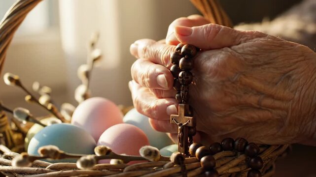 Elderly hands clasping rosary beads in prayer beside easter basket with dyed eggs and pussy willow branches