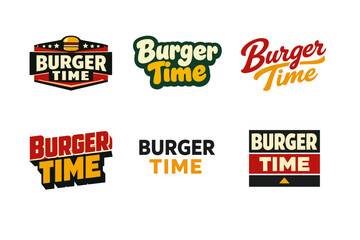 Obraz premium Variety of stylish burger time logo designs in bold colors and retro fonts