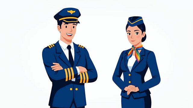 Pilot and Flight Attendant Duo Professional Crew Members In Uniform Smiling