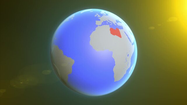 The animation shows a graphic representation of the earth and highlights the location and map of Libya colored red.