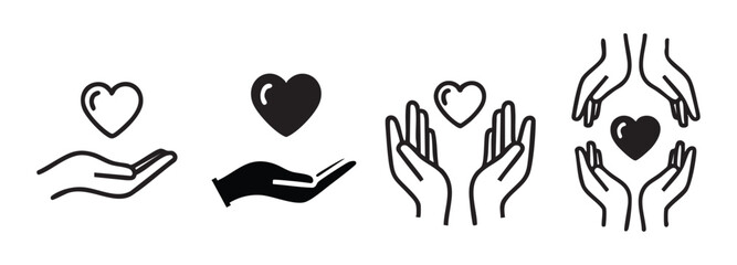 Fototapeta premium Set of hands holding hearts icons, charity and care concept, black and white vector illustration