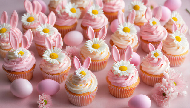 M&uacute;ltiples cupcakes rosas decorados con margaritas y orejas de conejo, rodeados de huevos de Pascua y flores sobre un fondo pastel suave.