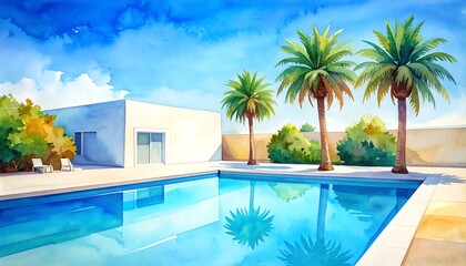 Fototapeta premium Modern tropical villa with swimming pool and palm trees under clear bright sky watercolor illustration