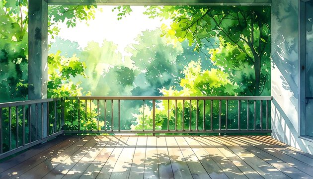 Sunlit forest balcony deck with wooden railing overlooking vibrant green woodland watercolor illustration