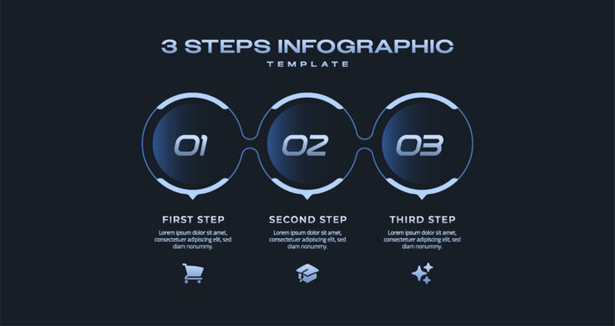 Dark Tech Pitch Deck Infographic with Connected Line Circles in Horizontal Row, 3 Step Startup Business Timeline Template, Abstract Vector Illustration for Report, Workflow, Visualization, and Present