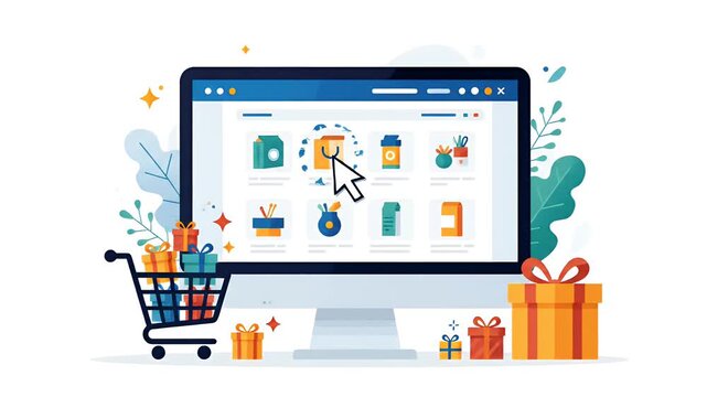 Online Shopping Illustration Motion Graphic Loop With Gifts and Cart