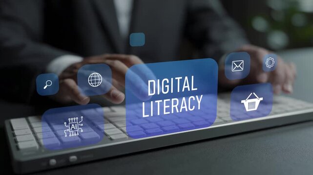 Digital literacy and technology skills concept. Person typing keyboard with online education and data icons, digital competence, information technology learning and workforce development.