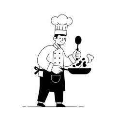 Chef cooking illustration or Minimalist line art chef cooking illustration
