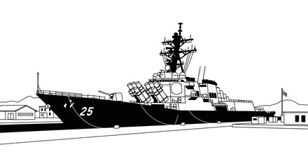 Modern Naval Destroyer Warship Docked at Port, detailed military vessel outline, black and white in bright studio. © Anisa