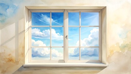 Fototapeta premium Large window with blue sky clouds view illuminating calm minimalist interior space
