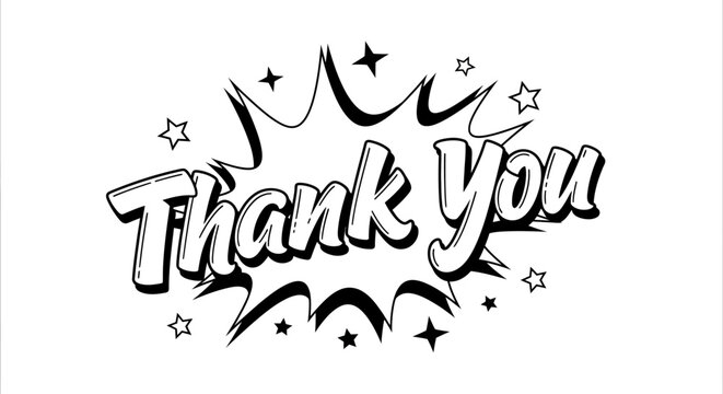 Bold "Thank You" Text in Comic Speech Bubble Style with Stars and Bursts, Isolated White Background.