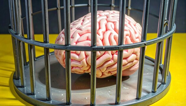 A realistic human brain encased in black metal cage against vivid yellow backdrop, symbolizing mental confinement, restricted thought, and suppressed intellectual freedom through stark visual metaphor