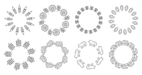Set of cute round wreaths with doodle outline Karelian icons isolated on white background.