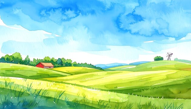 Sunny agricultural landscape with rolling green fields stretching under expansive blue sky