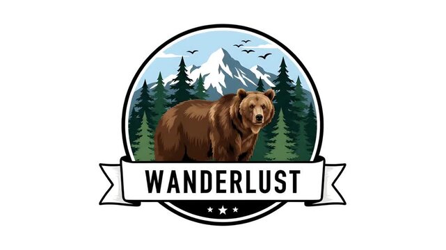 Pixel Art Bear Wanderlust Mountain Forest Landscape Vintage Emblem Footage
