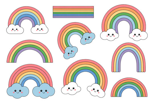 A colorful set of rainbow illustrations with clouds on a transparent background