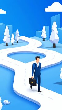 Pixel Art Businessman Stands At Road Junction Decision Making