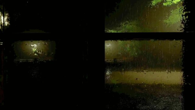Moody dark interior view of a window during a thunderstorm with soft bokeh city lights and heavy rainfall at night.