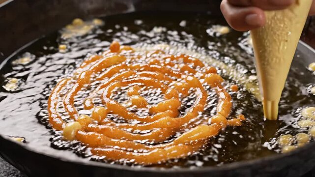 Close up of a golden brown Jalebi being fried in hot oil in a dark pan with a piping bag drizzling batter creating a spiral pattern traditional Indian dessert preparation a culinary delight