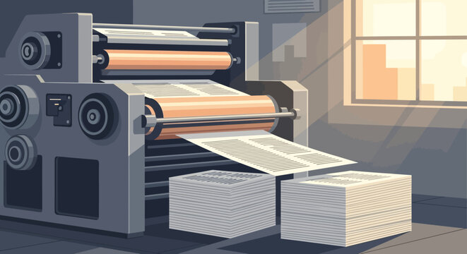 Industrial printing press operating with stacks of paper and rollers in a factory setting.
