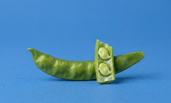 Fresh Green Bean Pod with Open Half Revealing Seeds on Blue Background