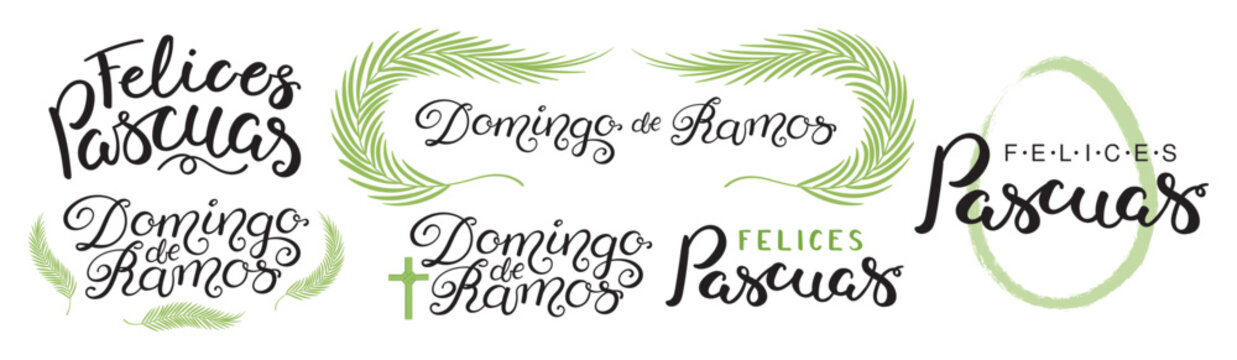 Felices Pascuas, Domingo de Ramos, Happy Easter, Palm Sunday in Spanish, leaf cross, crucifix, lettering quote isolated set. Hand drawn vector illustration. Easter celebration design element, clip art
