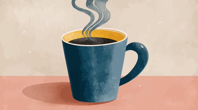 A digitally painted mug of coffee steaming upwards. Blue mug against beige background
